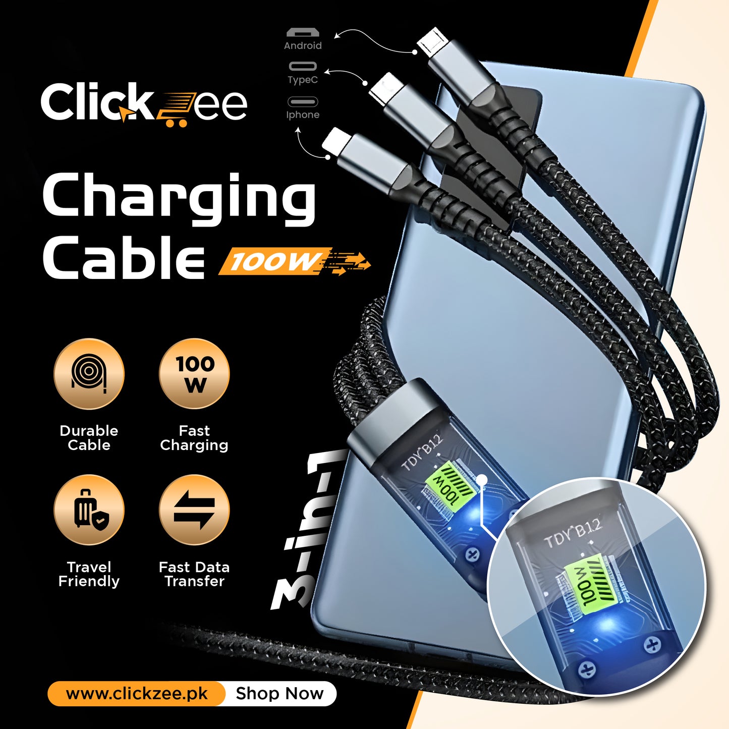 100W 3-in-1 Charging Cable
